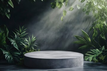 Studio podium backdrop for product display, Blank showcase mockup with natural elements, with generative ai