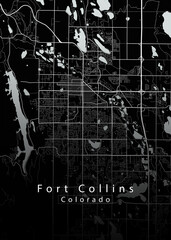 Minimalist black map of Fort Collins, Colorado – A modern map print highlighting infrastructure of the city, useful for tourism purposes
