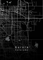 Minimalist black map of Aurora, Colordao – A modern map print highlighting infrastructure of the city, useful for tourism purposes
