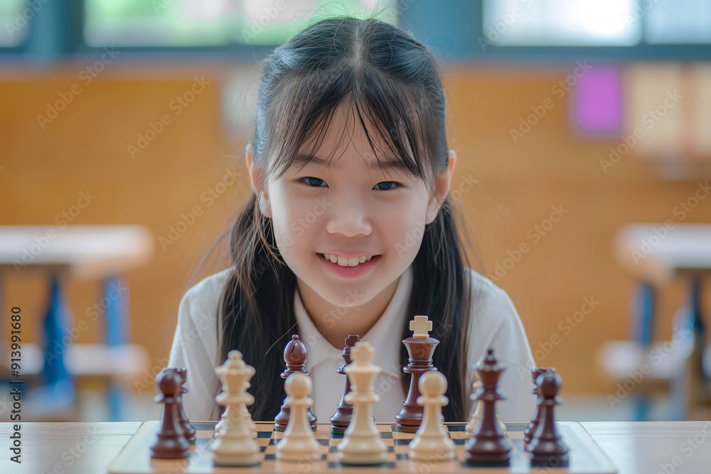 Wall mural beautiful asian girl sitting at the table at the chessboard in a modern school, development concept.