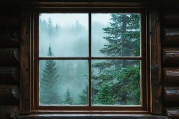 Fototapeta premium A window on a cozy log cabin, with the silhouette of pine trees outside. 