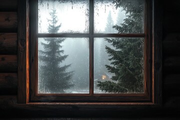 A window on a cozy log cabin, with the silhouette of pine trees outside. 