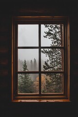 Fototapeta premium A window on a cozy log cabin, with the silhouette of pine trees outside. 