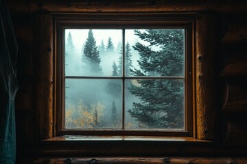 A window on a cozy log cabin, with the silhouette of pine trees outside. 
