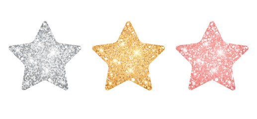 Silver, golden and pink stars with glitter. 