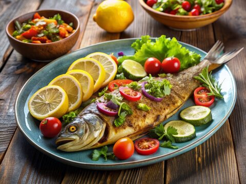 Delicious Grilled Hamour fish served with crispy fried vegetables, a squeeze of lemon, and a side of fresh salad, garnished with Middle Eastern spices.