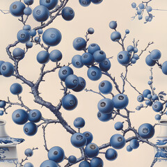 The branches display an elegant design featuring spherical fruitlike motifs, reminiscent of classic blue ceramic patterns, beautifully merging art with elements from the natural world
