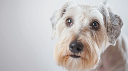 Cute white dog looks curiously at the camera, tilting its head with brown eyes and perky ears, exuding love and companionship in a studio setting