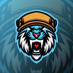 a blue sabertooth head with long fangs