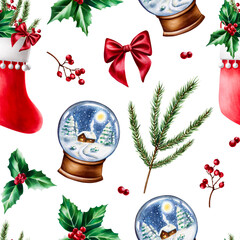 Seamless pattern with christmas pine branches, stocking for presents, glass snowball globe on wooden stand. Watercolor new year botanical illustration of realistic lush evergreen foliage tre