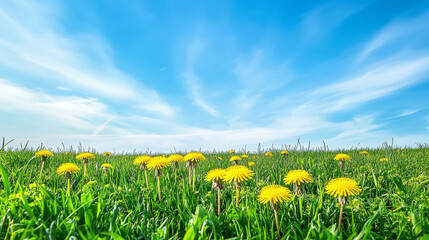 Obraz premium Serene meadow filled with lush grass and cheerful yellow dandelions. The backdrop of the sky is a gentle blue with wispy white clouds. A perfect summer or spring day.