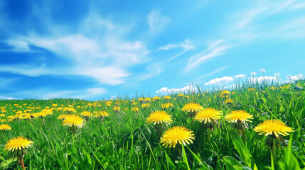 Serene meadow filled with lush grass and cheerful yellow dandelions. The backdrop of the sky is a gentle blue with wispy white clouds. A perfect summer or spring day.
