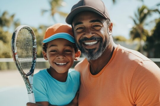 A beaming man and his child joyfully holding tennis rackets in a sunny outdoor setting, representing the joy of shared sports, family time, and the spirit of togetherness.