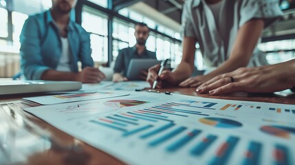 Obraz premium A detailed close-up of colleagues working on a project with charts and graphs in the background, representing teamwork, captured from an eye-level perspective,