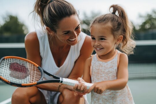 A mother and her young daughter share a moment on a sunny tennis court, with the mother guiding her daughter in holding a tennis racket, capturing family bonding. - Powered by Adobe