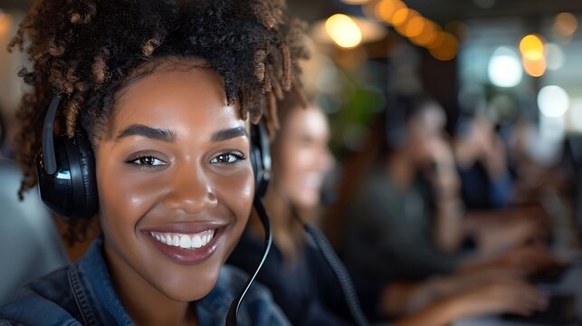 A detailed close-up of customer service agents smiling and engaging with customers over the phone, representing teamwork and customer satisfaction, shot from a straight-on perspective,