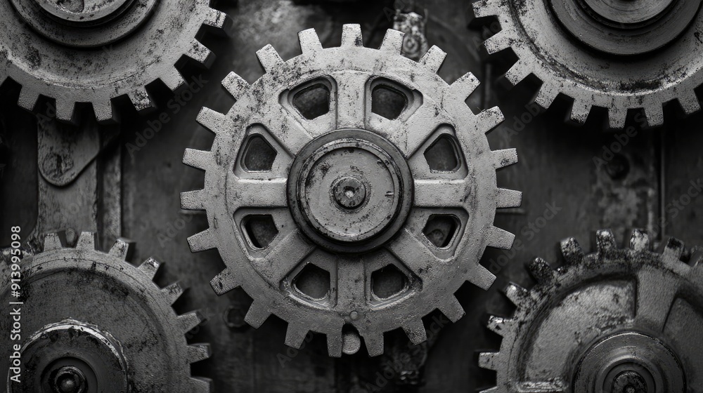 Poster close-up view of interlocking metal gears forming a complex mechanism in monochrome