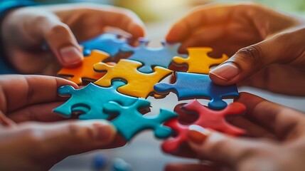 A detailed close-up of hands from different backgrounds fitting puzzle pieces together, representing teamwork, shot from a top-down perspective,