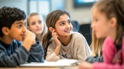 Fototapeta premium A diverse group of students participating in a language immersion program, practicing conversation, reading, and writing in a foreign language, with cultural materials, language guides, and an