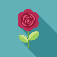 Stylized red rose with green leaves is growing on a blue background, spring and love concept illustration