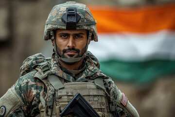 Soldier standing at attention with indian flag in background