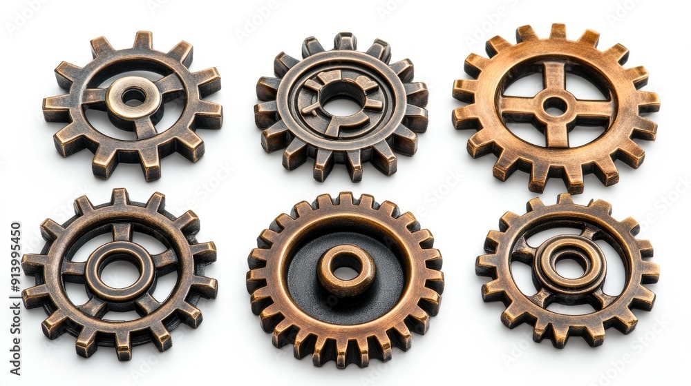 Poster six metallic gears interlocking showing teamwork concept