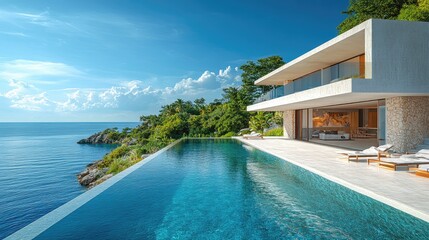 Fototapeta premium Luxury infinity pool overlooking the ocean at a modern villa