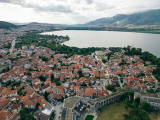 Aerial view of Ioannina Island on Ioannina Lake, Epirus region, Greece.