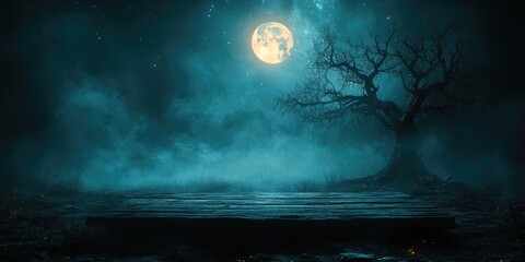 Empty wooden table illuminating by moonlight in dark scary forest