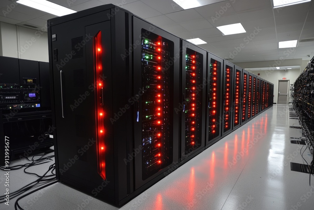 Leinwandbilder modern supercomputer running calculations with glowing red lights