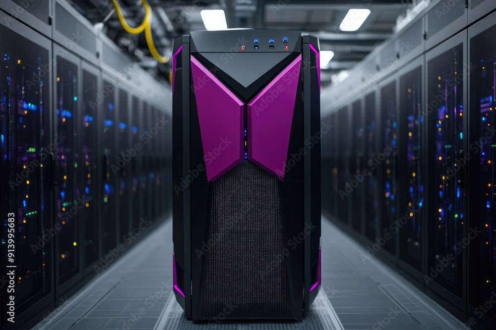 Poster powerful server unit standing in dark data center corridor