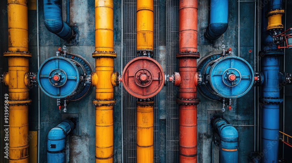 Poster industrial pipeline system delivering resources with colorful pipes and valves