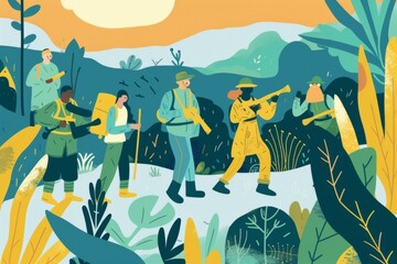 Diverse group of hikers trekking through a lush, colorful landscape. Concept of adventure, exploration, teamwork, and outdoor recreation.