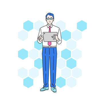 タブレットを操作する厳格な男性のイラスト　管理者