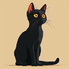 Curious Black Cat with Yellow Eyes. Illustration of a Mysterious Feline