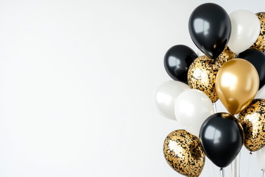 Stylish balloon arrangement with a mix of gold, black, and white. Premium design for birthday celebration background and copy space with generative ai