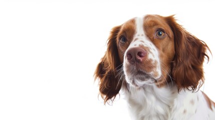 Cute brown and white spaniel dog poses happily on a white background, perfect for any design