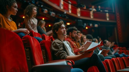 Fototapeta premium Young Audience Engaged in Theater Performance at Local Venue During Evening Show