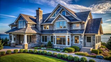 Elegant coastal retreat boasts blue shingles, stone foundation, and expansive windows, blending seamlessly into the scenic surroundings with its sophisticated yet organic architectural design.