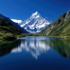 Stunning mountain landscape reflecting in a tranquil lake under a clear blue sky, showcasing nature's breathtaking beauty.