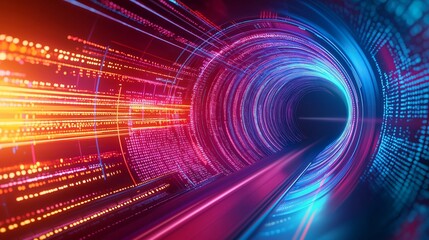 Obraz premium A vibrant digital tunnel with colorful light trails, representing speed and technology in a futuristic setting.
