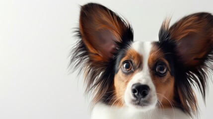 Curious papillon dog looking intently with big ears raised on a white background