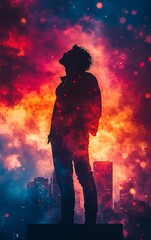 A striking silhouette of a person against a vibrant, fiery urban backdrop, showcasing emotion and introspection in a dramatic scene.