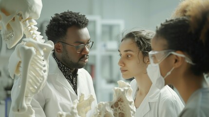 Medical Students Engaged in Anatomy Lesson With Skeletal Models in Laboratory Setting During Daytime