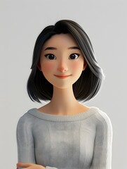 Friendly and Youthful Asian Female 3D Character in Relaxed Stance on Plain White Background