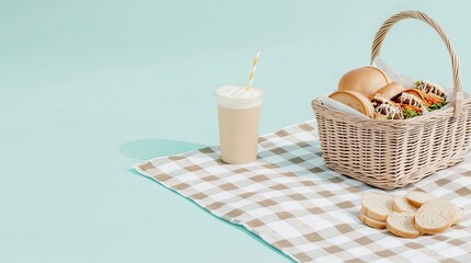 Vintage-style picnic with classic car in the background, basket with sandwiches and drinks on a plaid blanket, no humans, Labor Day, retro charm
