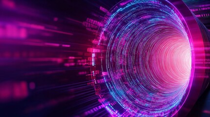 Fototapeta premium Futuristic tunnel with vibrant colors and flowing data, symbolizing technology and innovation in a digital world.