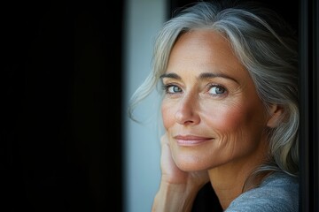 Fototapeta premium A gray-haired woman looks left with a gentle smile, the soft lighting accentuating her kind expression and the serene atmosphere surrounding her.