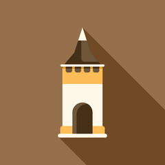Simple, flat design of a medieval castle tower, isolated on a brown background with a long shadow