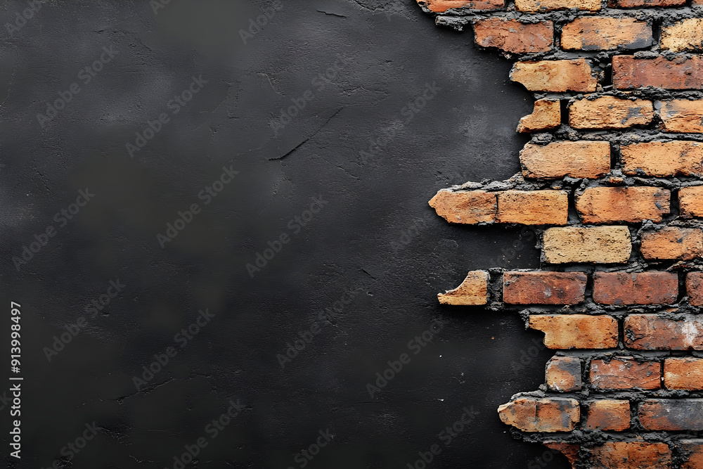 Poster a close-up view of a weathered brick wall with a dark background, highlighting texture and depth in 